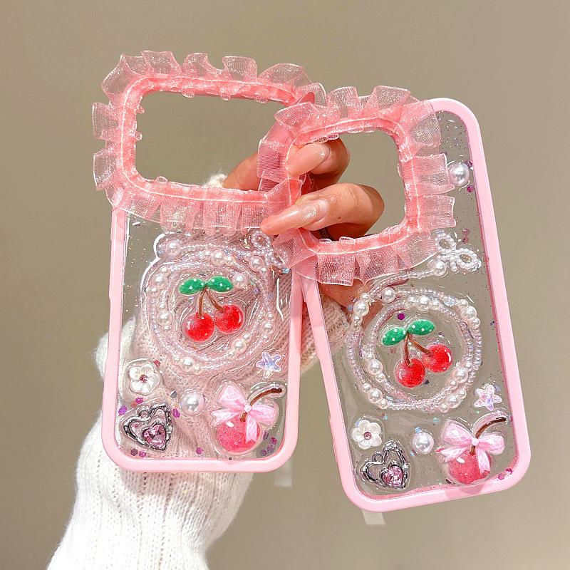 Applicable to Apple 17Pro max mobile phone case 16Promax lace cherry transparent ins wind 15 protective case