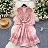 French retro fashionable suit collar five-quarter sleeve strap waist printed dress women's summer thin single-breasted short skirt