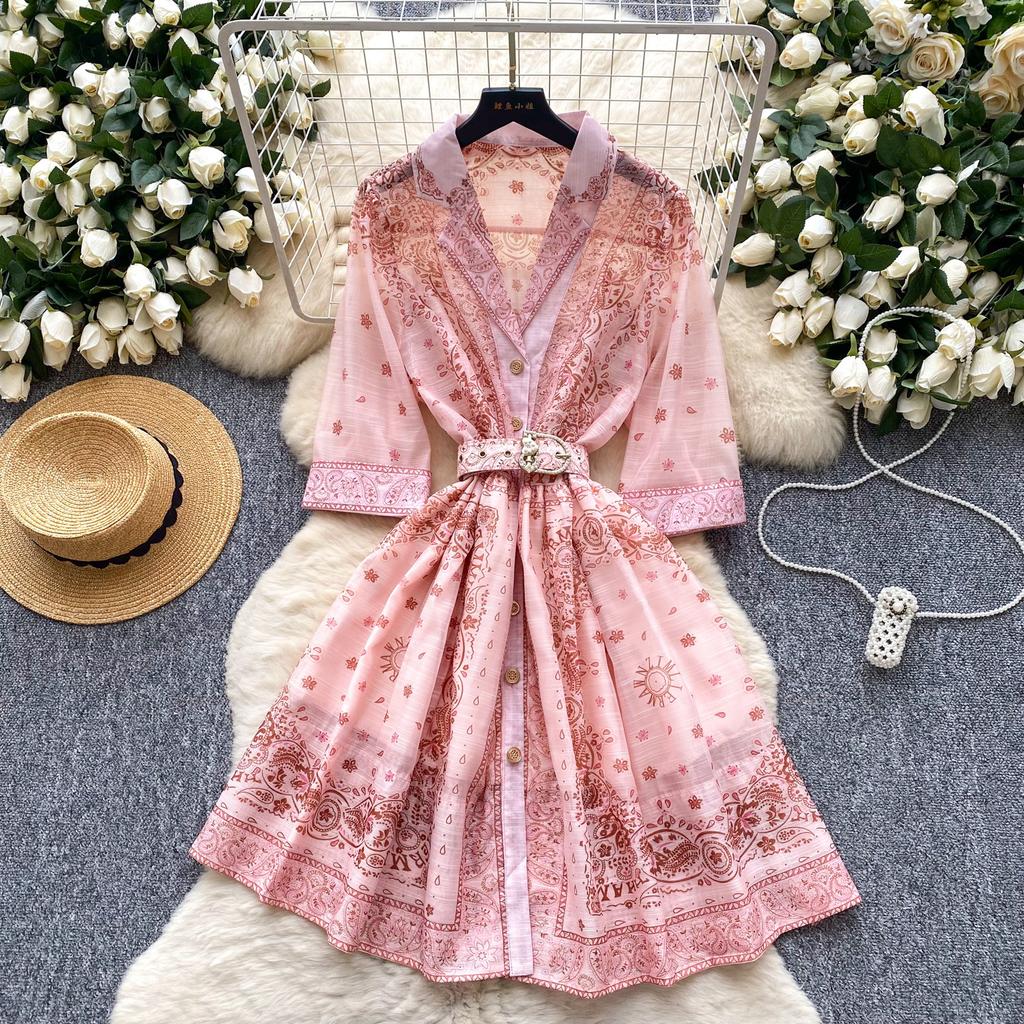 French retro fashionable suit collar five-quarter sleeve strap waist printed dress women's summer thin single-breasted short skirt