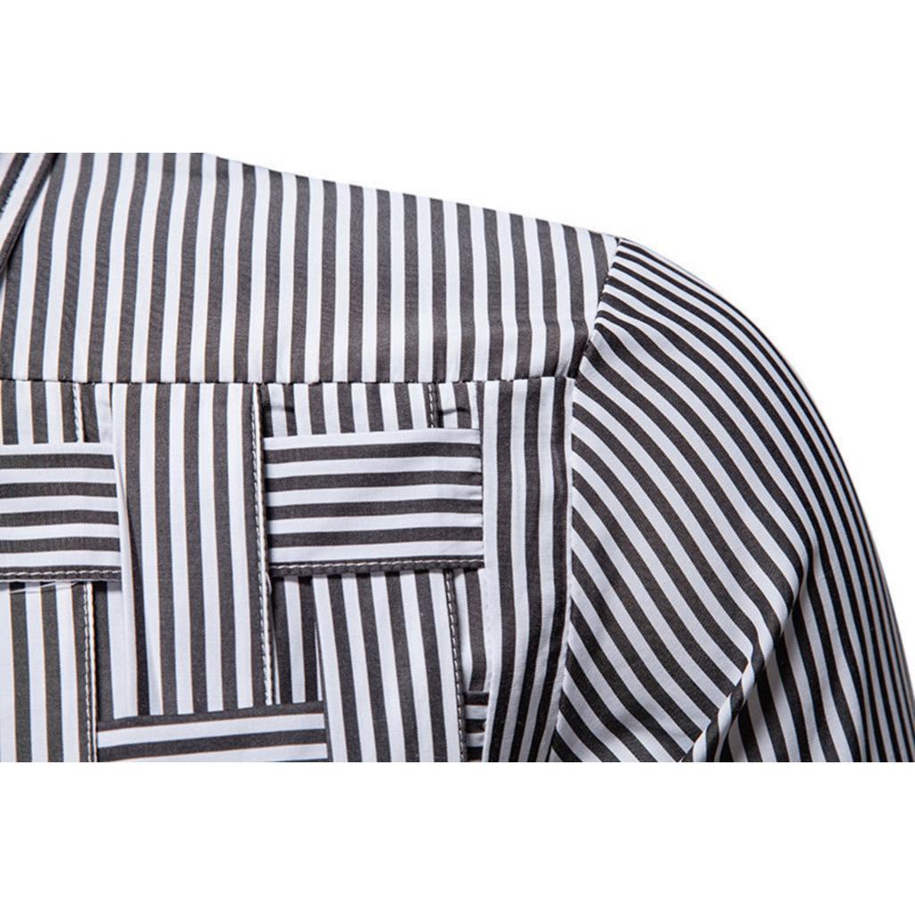 Men's Casual Solid-color Long-sleeved Shirt, Men's Button-style Striped Woven Stand-up Collar Shirt