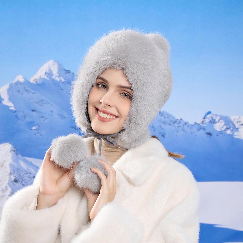 Winter Thick Coldproof Cap Plush Ball Warm Ear Protection Cap Women's Big Head Circumference Bomber Hat