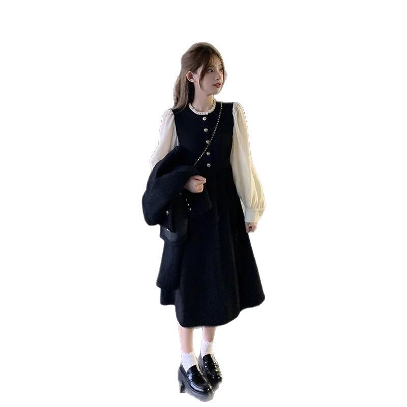 French Chic Long Sleeve A-Line Midi Dress With Built-in Bra Pad High Waist Solid Black Womens Elegant Vintage Style