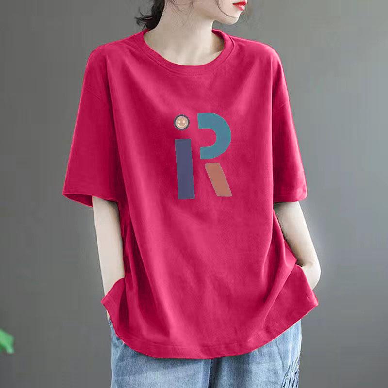 Women's High-End Pure Cotton Short-Sleeve T-Shirt, 100% Loose Fit, Slimming Versatile Round Neck Casual Top