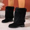 Luxury Faux Fur Thick Heel Suede Mid Calf Boots Women  Winter Fluffy Fur Pipe Designer Snow Boots Woman's Furry Long Booties
