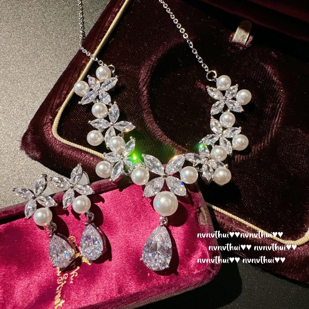 Austrian Court Vine Pearl Water Drop Gem Necklace Vintage Plated 18K Gold, Flower Zircon Earrings