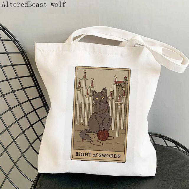 Dam Shopper bag katt Månen Tarot Tryckt Kawaii Väska Harajuku Shopping Canvas Shopper Bag flicka handväska Tote Axel Damväska