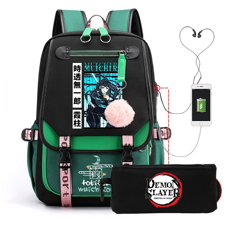 Two-dimensional peripheral day man ghost extinguishing backpack pencil bag large capacity student leisure schoolbag with USB port