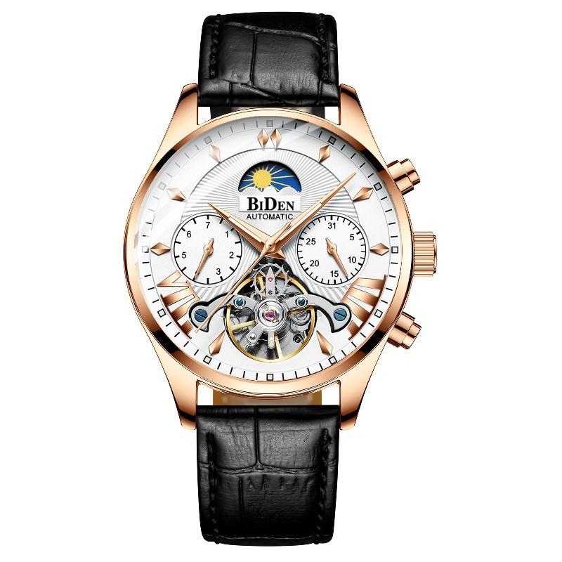BIDEN Men Automatic Mechanical Watch Moon Phase Skeleton Chronograph Waterproof Steel Wristwatch L