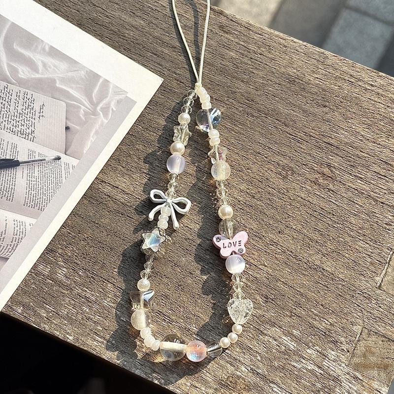 Pvc Pink Butterfly Star Phone Lanyard With Beaded Design For Girls And Kids