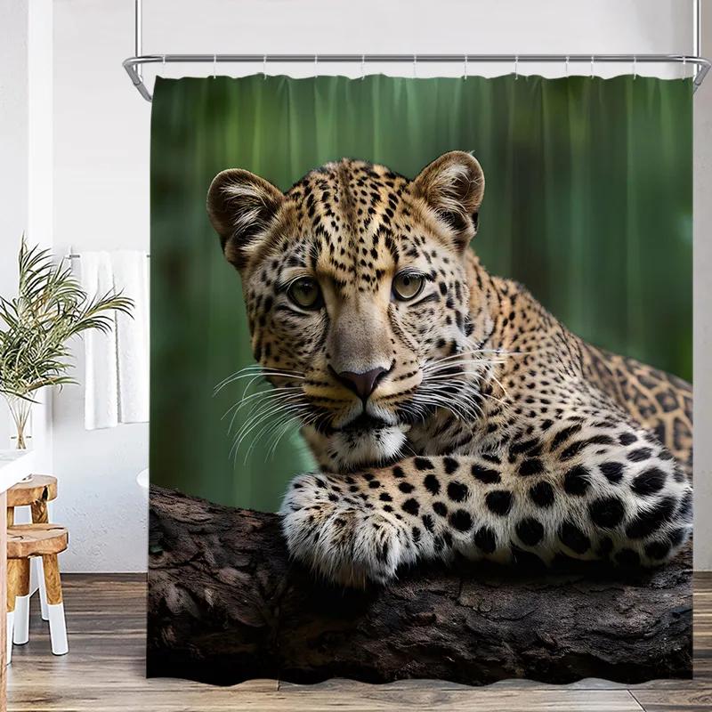 Floral Leopard Shower Curtains Watercolour Jungle Flowers Plants Wild Animal Bath Curtain Fabric Home Bathroom Decor with Hooks