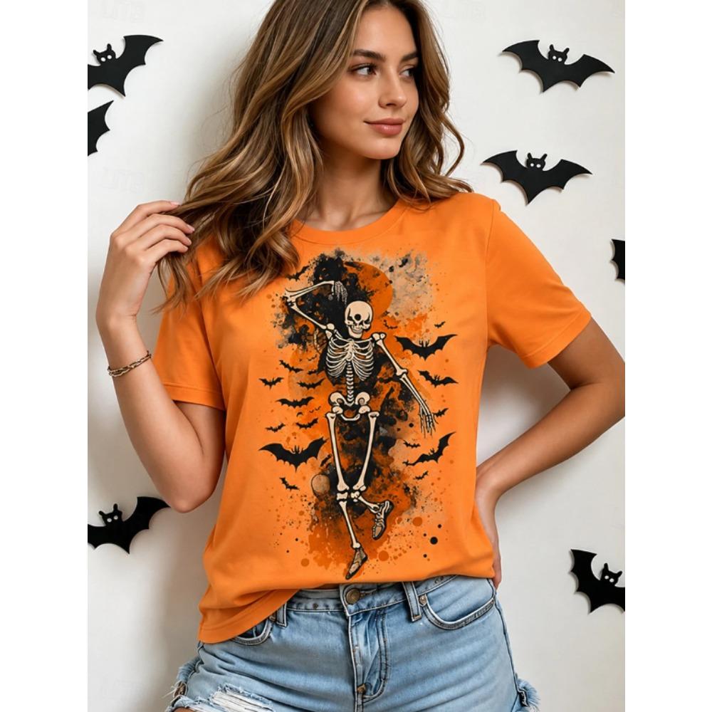 Fashion Women Retro Creative Skeleton Bat Print T Shirt Funny Casual O-neck Short Sleeves T-shirt Summer Female Tee Shirt