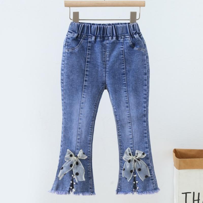 Spring and Autumn New Girls Denim Trousers Elastic Printed Denim Trendy Children's Trousers Single Trousers