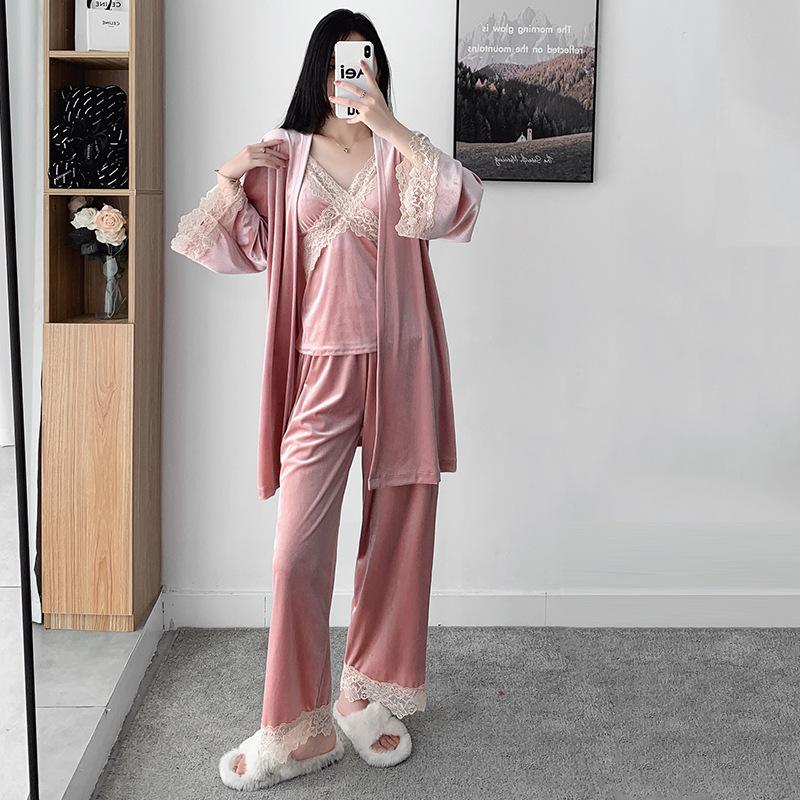 1011 Lace Cardigan Long Sleeve Long Pajama Pants Set Three-piece Golden Velvet Pajamas Women's Home Sweet and Fresh Pajamas