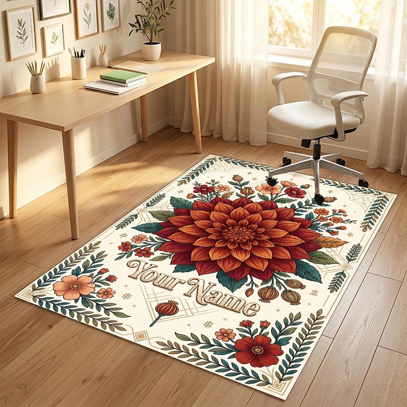 Floral Garden Theme Crystal Velvet Rug Personalized Custom Name Text Soft Floor Mat Home Decor