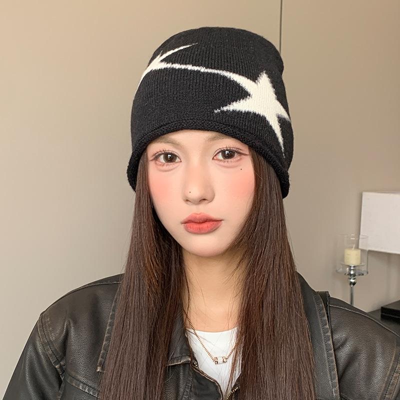 Face showing Little Star Woolen Knitted Hat for Women in Autumn and Winter Warm Ear Protection Headband Hat with Big Head Circumference for Cold