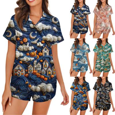 Women's Ice Silk Pajamas Button Home Clothes Halloween Printed Short Sleeve Satin Pajama Set