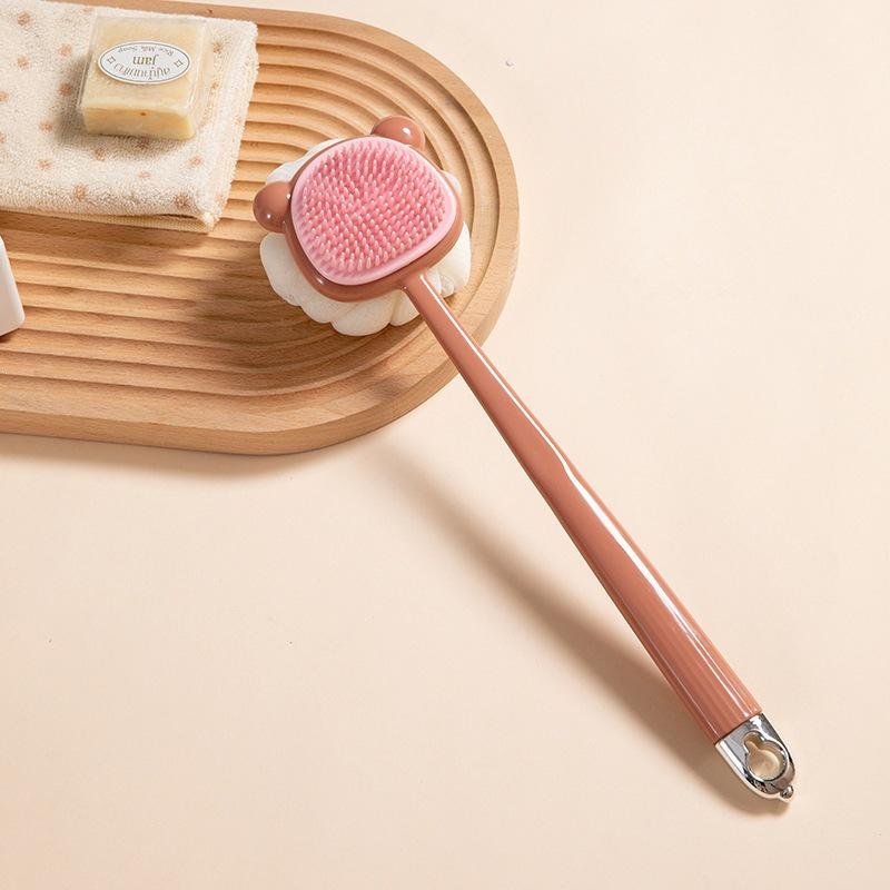 Long-Handle Soft Silicone Double-Sided Shower Brush with Back Scratcher and Mud Scraper