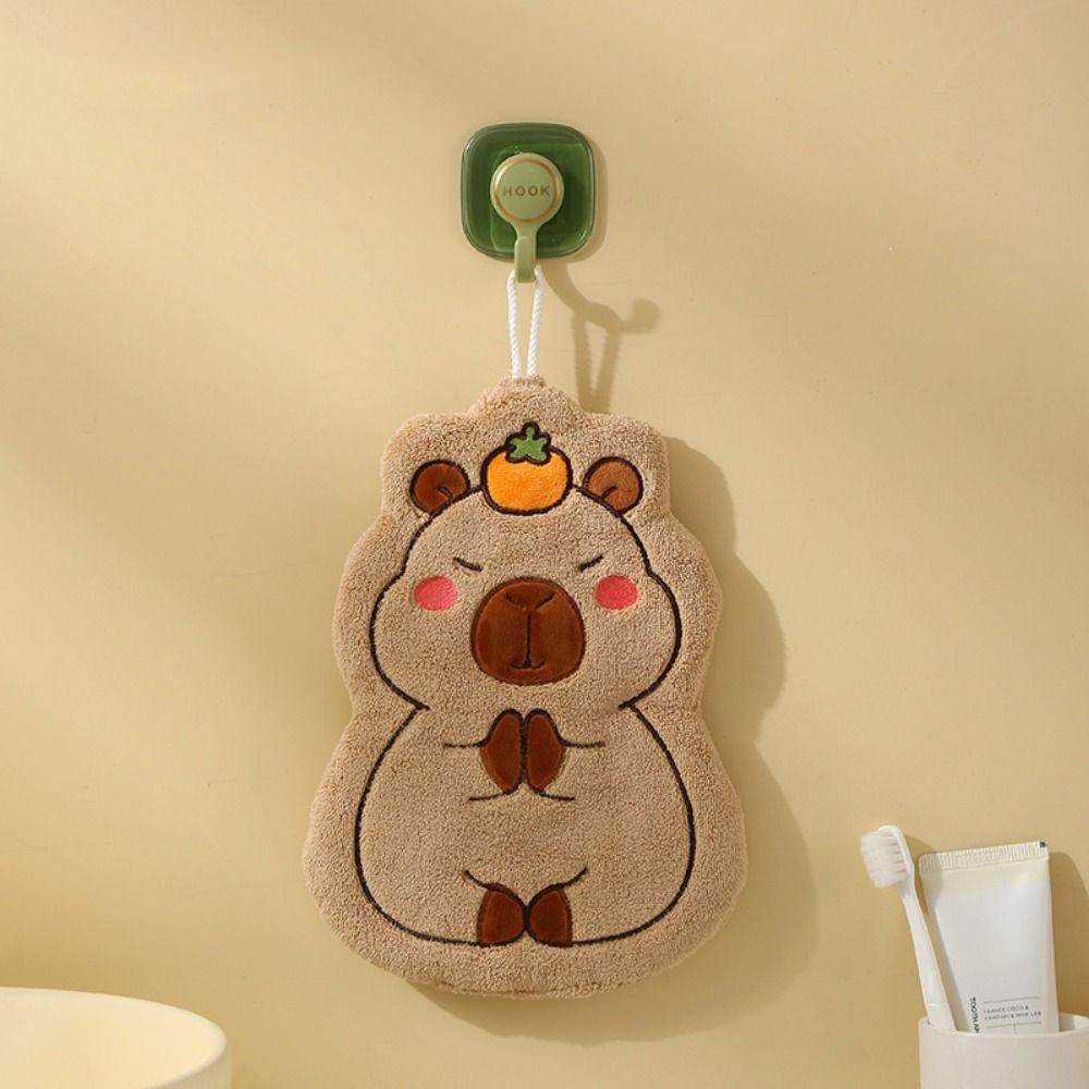 Coral Fleece Capybara Hanging Hand Towel Super Absorbent Capybara Patterned Washing Hand Face Towel Simple Polyester Fabric
