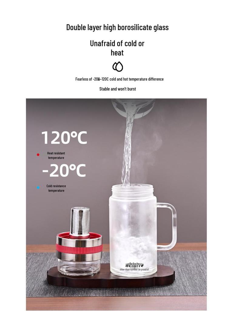High Temperature Resistant Large Capacity Glass Tea Cup with Infuser, Double-Walled, Heat Insulated, and Portable Borosilicate Glass.