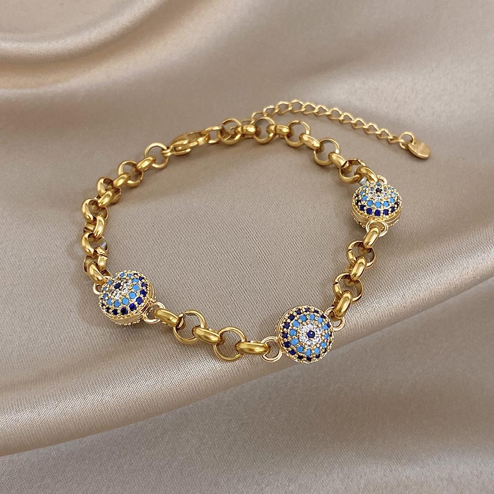 Greatera Blue-eyed Colored Rhinestone Inlaid Ball Bracelet for Women New Style 2026 Trendy Metal Stainless Steel Design Bangles