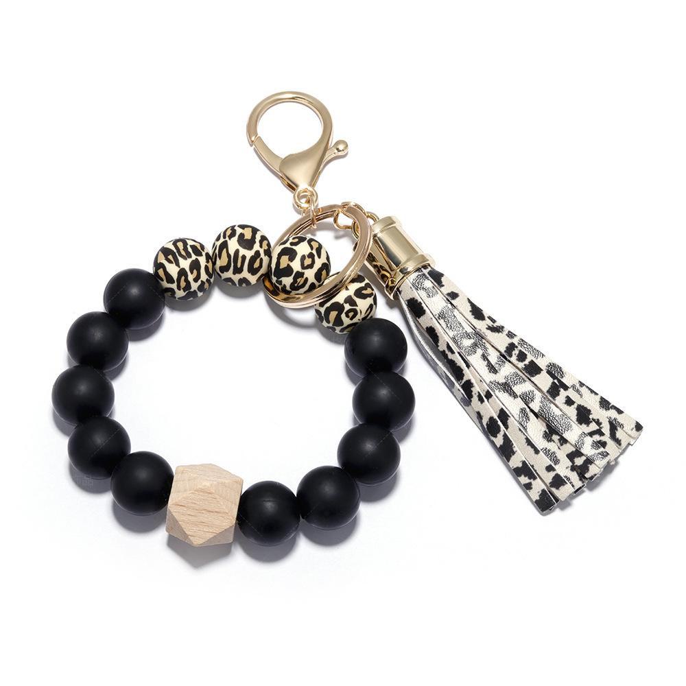 Elegant Silicone Bead Keychain Bracelet with Leather Tassel - Women's European and American Style