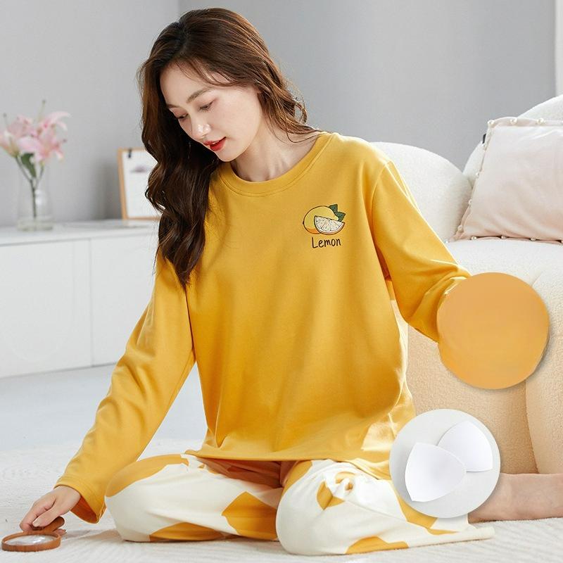 Pajamas with Chest Pads, Women's Autumn and Winter Long-sleeved Cotton, Cute and Casual, Can Be Worn Outside Home Service Suits