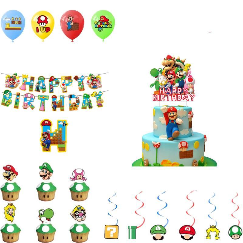 Mario Theme Party Decorations Set Flags, Cake Toppers, Balloons, And Spirals For An Amazing Party Atmosphere!