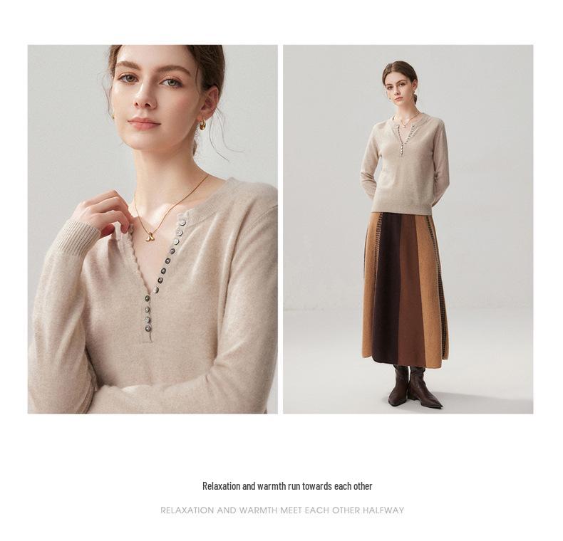 Women's Cashmere V-Neck Multi-Button Sweater - Slim Fit, Loose Knit, Base Layer