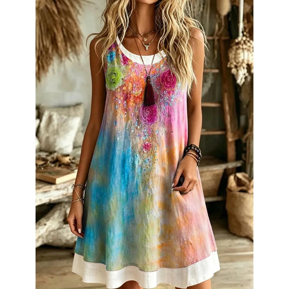 Women's Vintage Pattern Printed Sleeveless Round Neck Dress Loose Soft and Comfortable Plus Size Dress