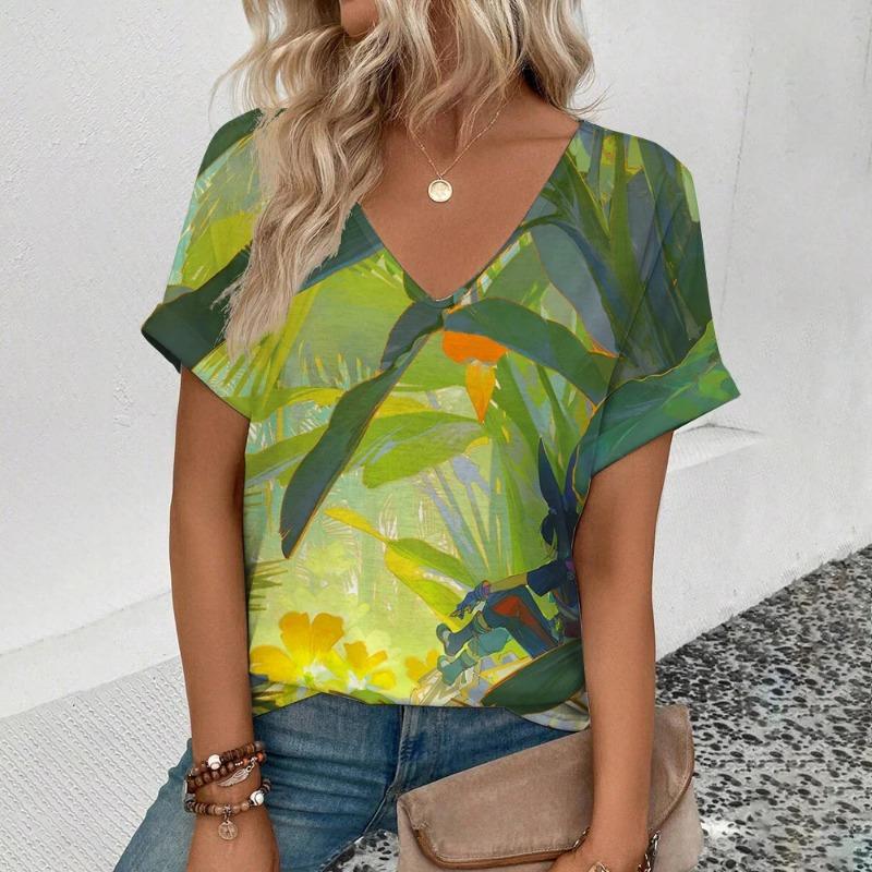 Sommer Teich Lotus 3D Druck T-Shirt Damen Streetwear Lässige T-Shirts Y2k Oberteile Frau Harajuku V-Ausschnitt T-Shirts Übergroße Kleidung