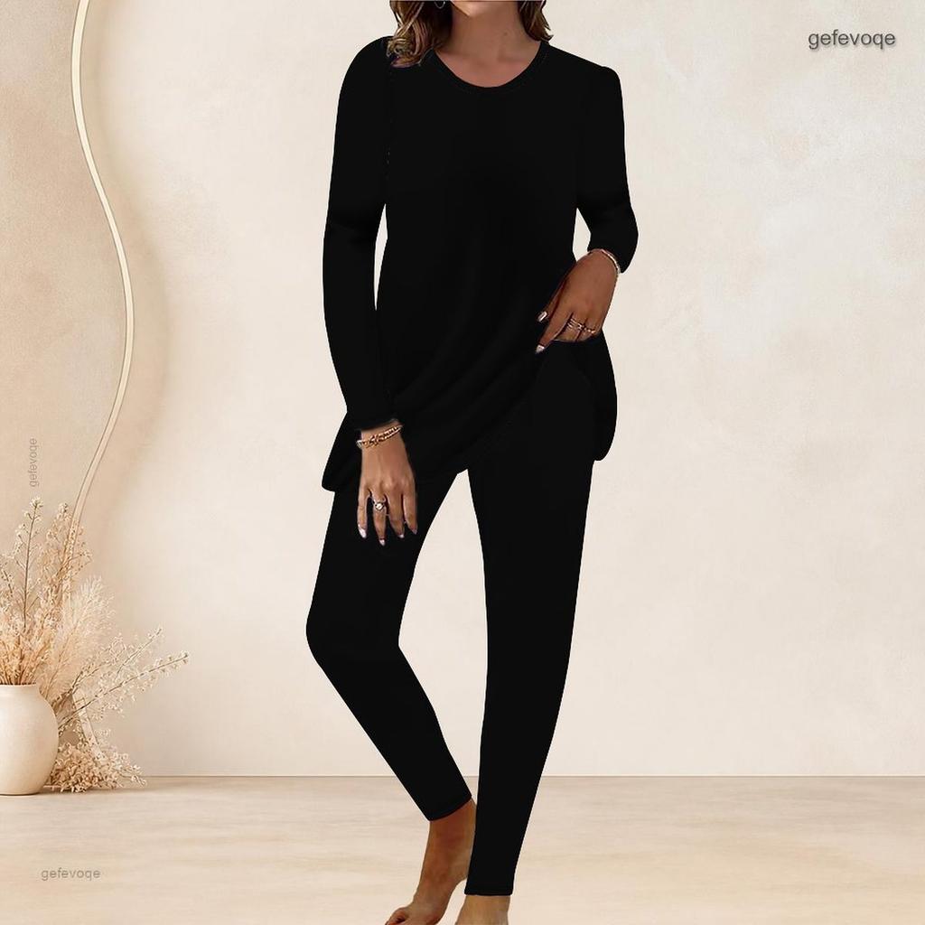 Women Plus Size Two Piece Set Round Neck Long Sleeve Black White Geometric Printed Longline Top Fitted Pants