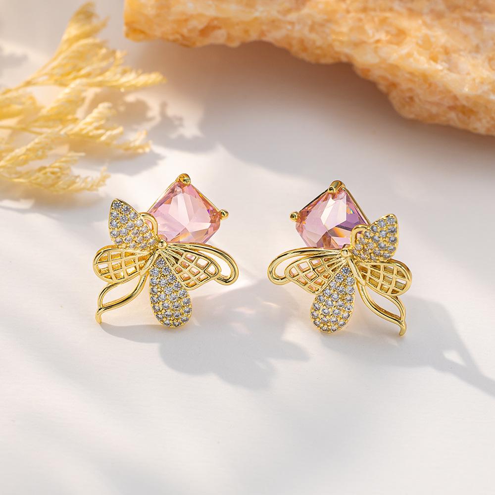 Elegant Zirconia-Inlaid Butterfly Stud Earrings with Silver Needle - Versatile Fashion for Spring