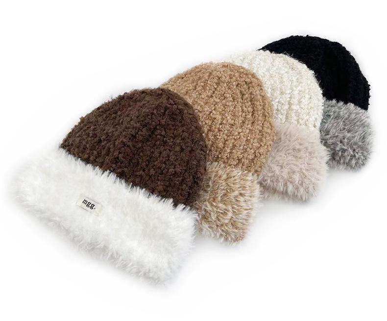 Cat Brother Korean Style Knit Hat: Color Block Plush, Warm Wool, Women's Large Head Circumference