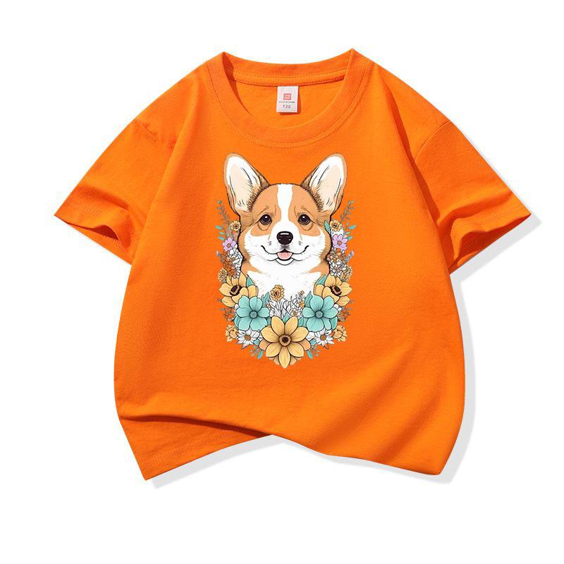 Welsh Corgi Surrounded Colorful Blooms Graphic Tee Kids 100 Cotton Crew Neck T Shirt Cute Puppy Print Short Sleeve Stylish Top
