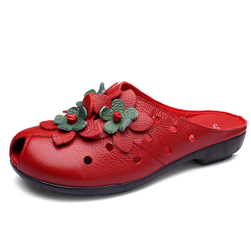 Summer Fashion Women Shoes Genuine Leather Sandals Slides Retro Flowers Closed Toe Female Loafers Flats Shoes Sandalias WSH3366