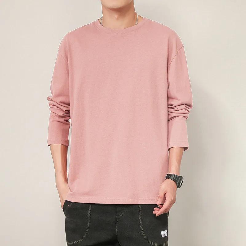 Men s Long Sleeved Cotton T Shirt Loose Round Neck Men s Bottoming Shirt Solid Color Simple Couple T Shirt M