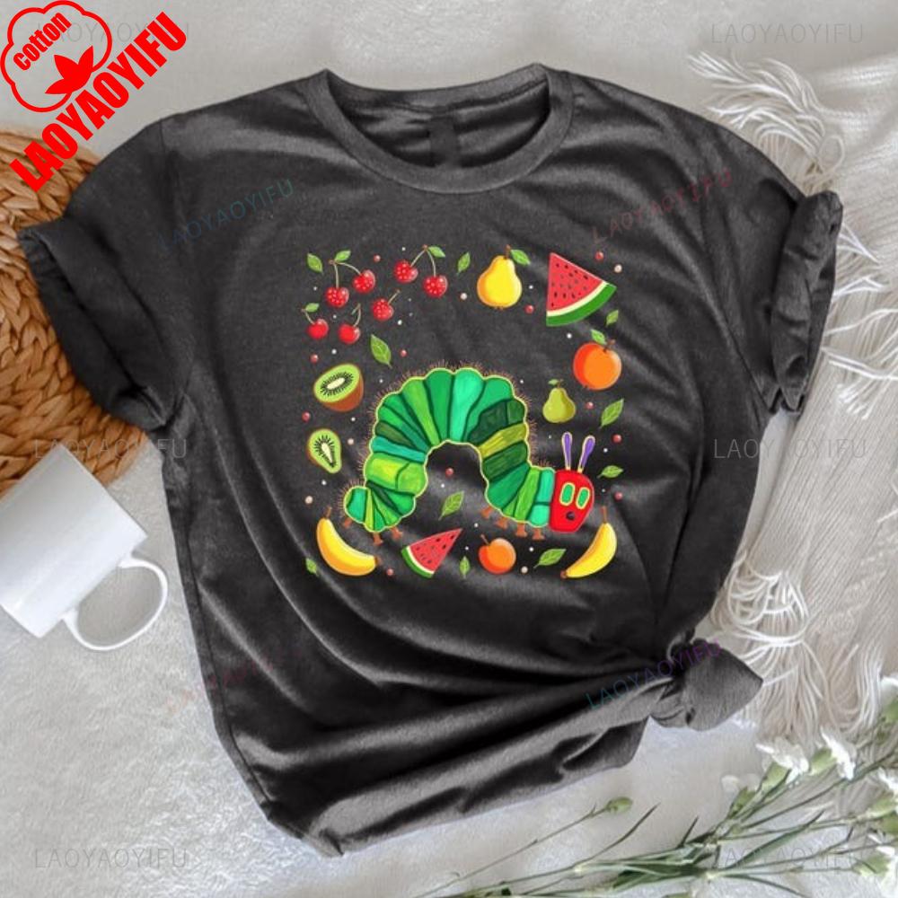 Funny Eat The Rich Hungry Caterpillar Teacher Back To School Graphic T Shirts Unisex Unisex Vintage Cartoon Cotton Streetwear Loose S