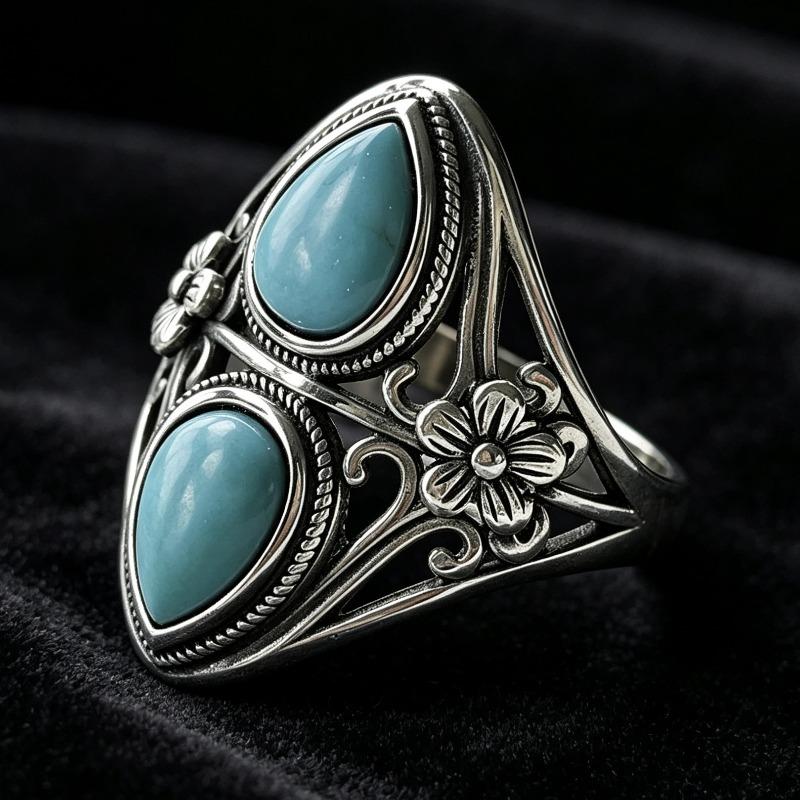 New Flower Inlaid Turquoise Ring, Versatile Women s Catwalk Jewelry no.6