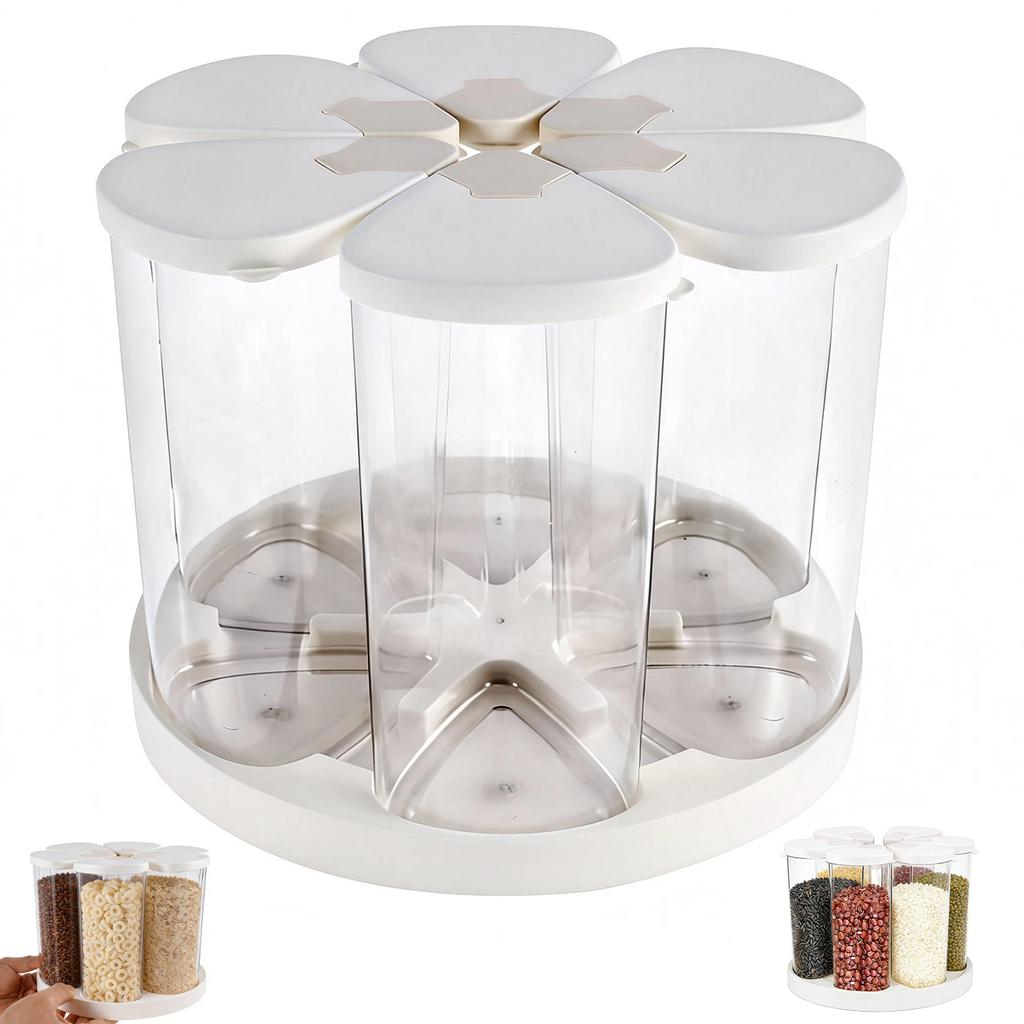 5/6 Grid Food Grain Storage Container Plastic Kitchen Storage Containers with 360 ° Rotating Base Transparent Grain Rice Dispens