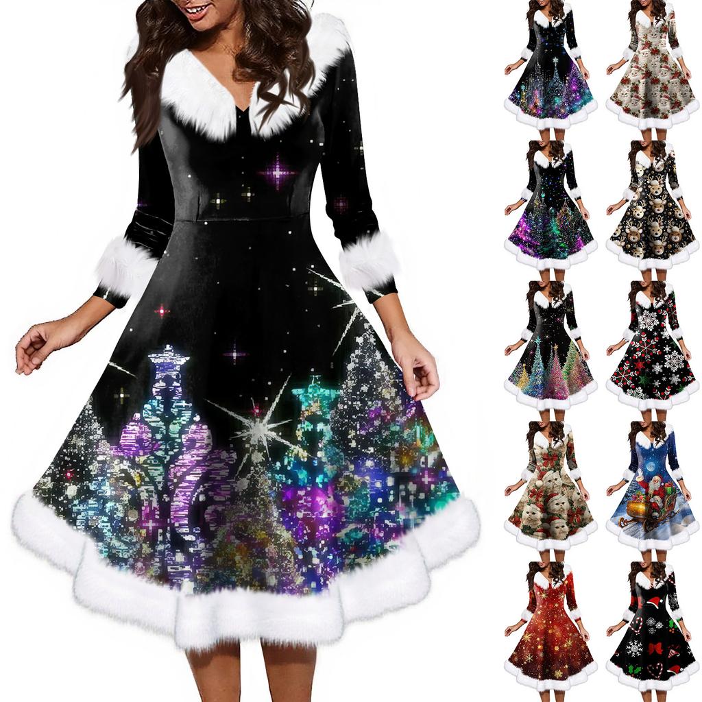 Women's Fashion V-neck Casual Fit Christmas Print Party Long Sleeve Dress