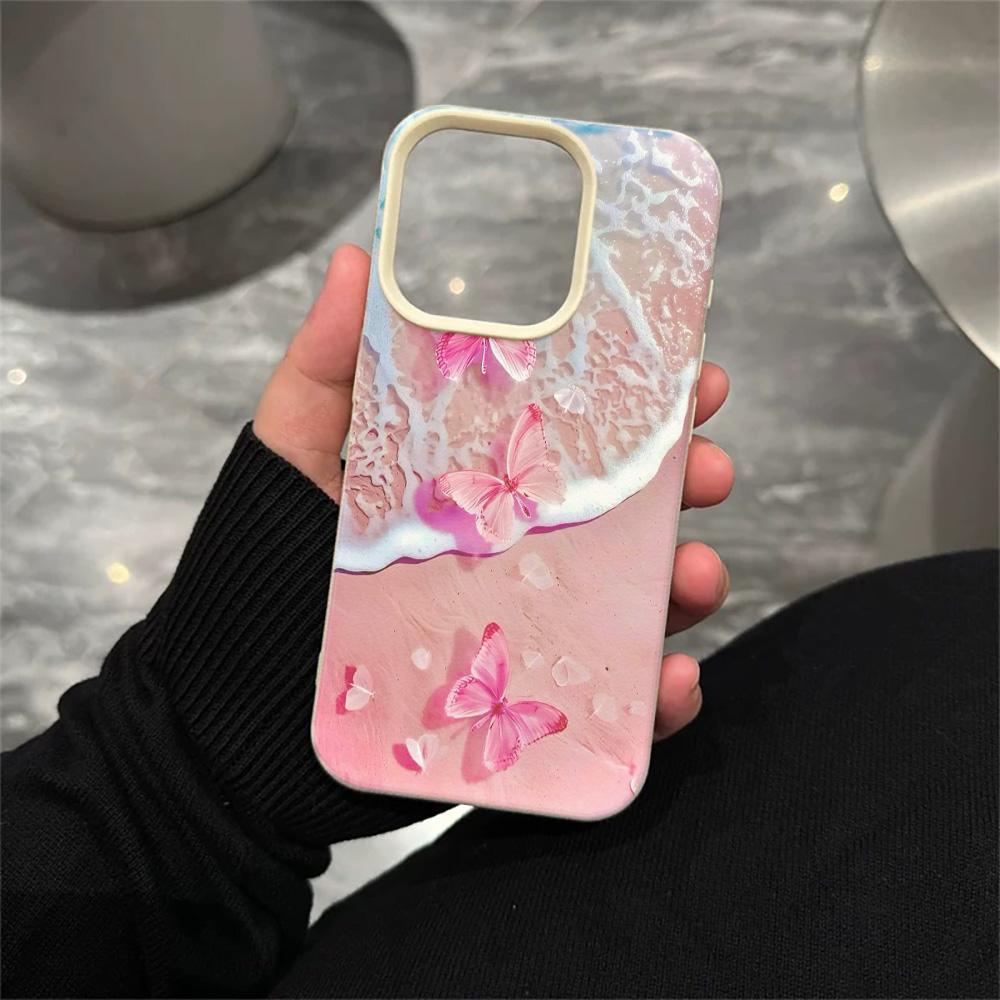 Phone Case For Samsung S23 Ultra S24 Ultra S25 Ultra A15 A16 A26 A36 A56 Luxury Pink Beach Butterfly Durable Shockproof Case