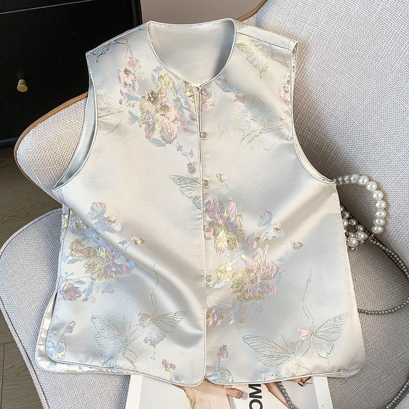 Outer Buckle Small Round Neck Jacquard Retro Gold Embroidered High-end Vest Fashion Top