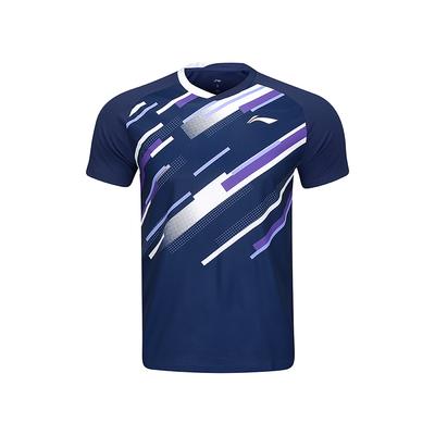 Li Ning Badminton Serie Sneldrogend Gestreept Eenvoudig Logo T-shirt Korte Mouw Unisex Tops Diep-Marineblauw AAYV033-1