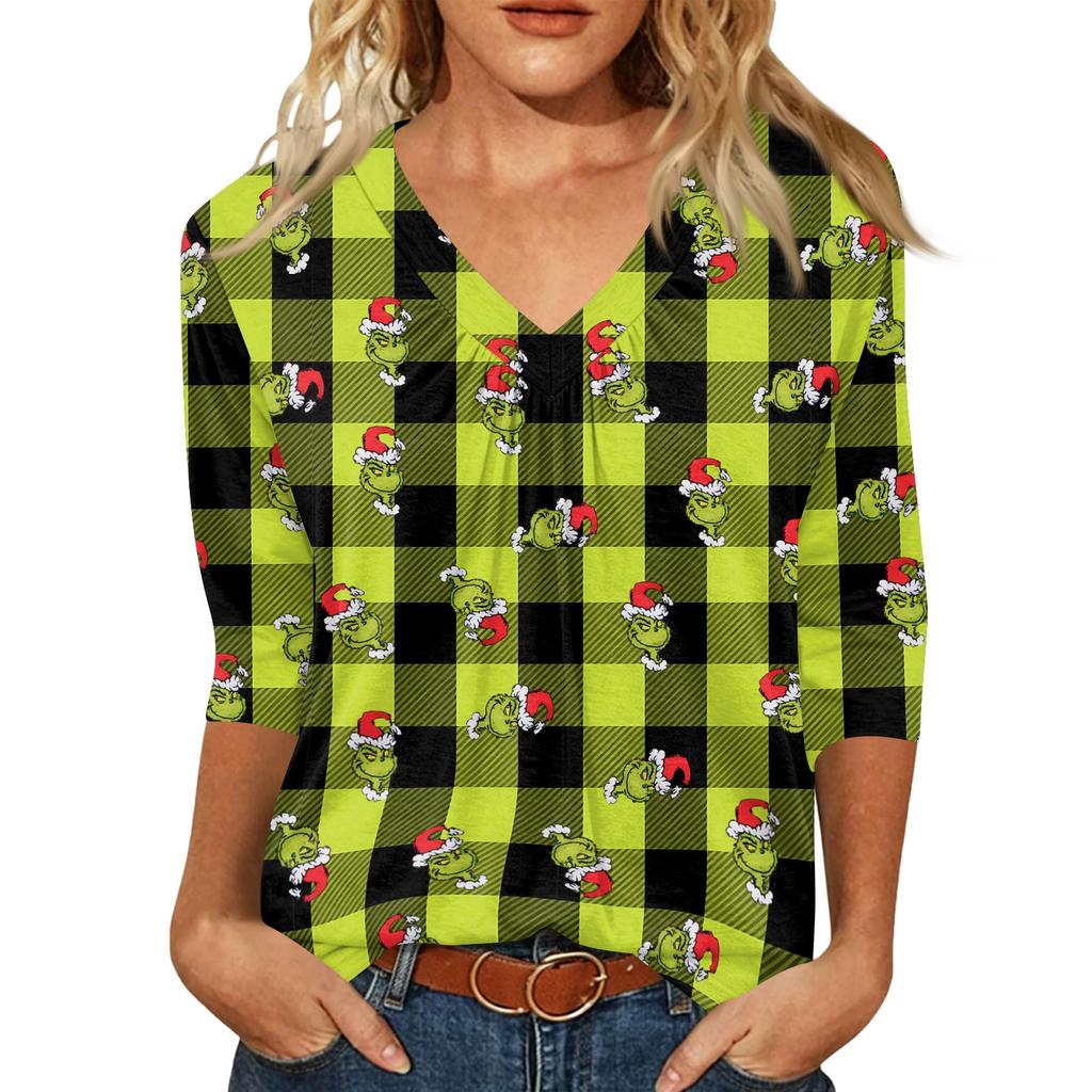 Women's Fashion Casual V-Neck Christmas Print 3/4 Sleeve Top for Holiday Party and Daily Wear