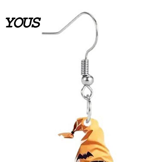 Secure Fit Halloween Earrings 1 Pair Cute Ghost Earrings, Acrylic Dangle with Witch Hat Pumpkin Bat, Anti-Rust Metal Hooks, Playful Accessories