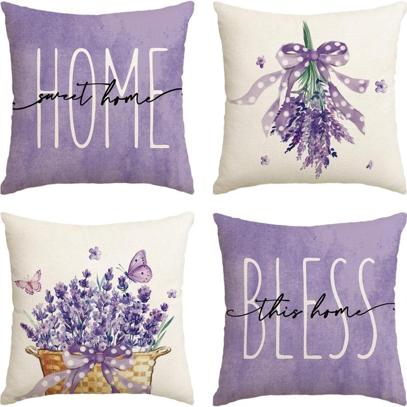Lavender Home Sweet Home Pillow Covers – Spring Summer Purple Cushion – For Sofa Couch Bed Living Room Bedroom Home Decor