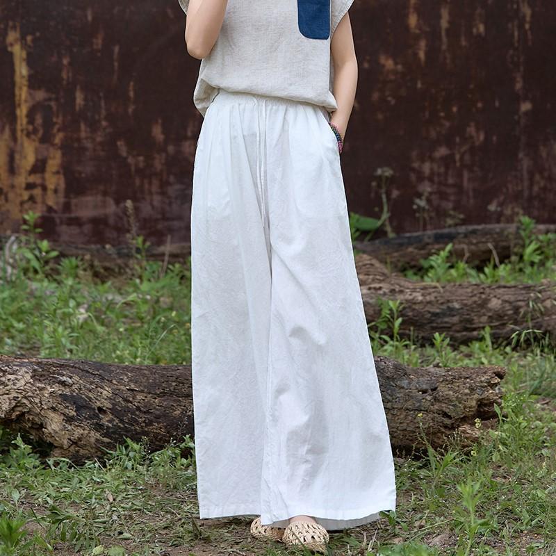 Johnature Women Vintage Thin Straight Pants Elastic Waist Solid Color Summer Trousers Loose Casual Long Pants