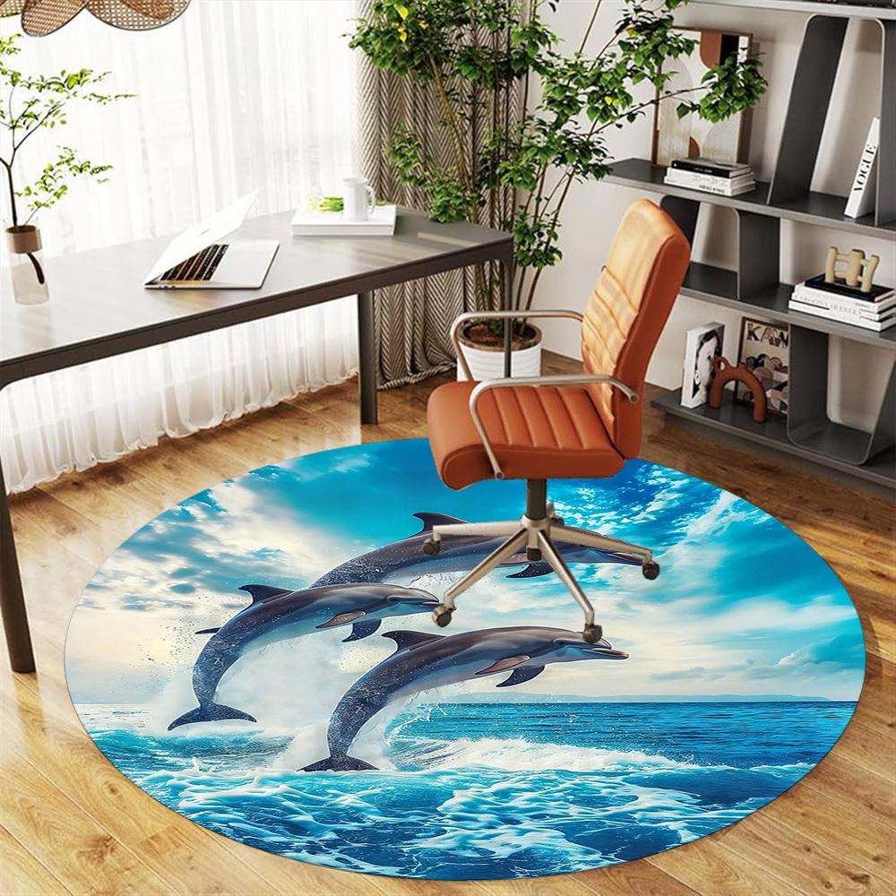 1pc Dolphins Ocean Round Chair mat Area Rug - Non-Slip, Floor Mat for Office, Bedroom, home decor Christmas Gift-1002342