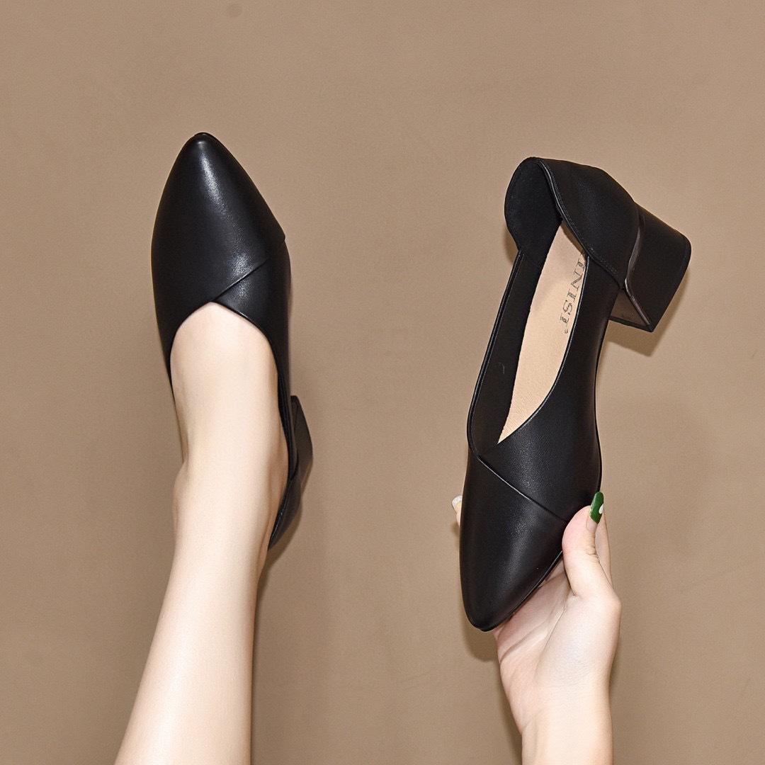 

Женские туфли на высоком каблуке, весна 2024, новые простые рабочие туфли с острым носком, первый слой коровьей кожи, толстый каблук, средний каблук, одинарные туфли 35 чёрный