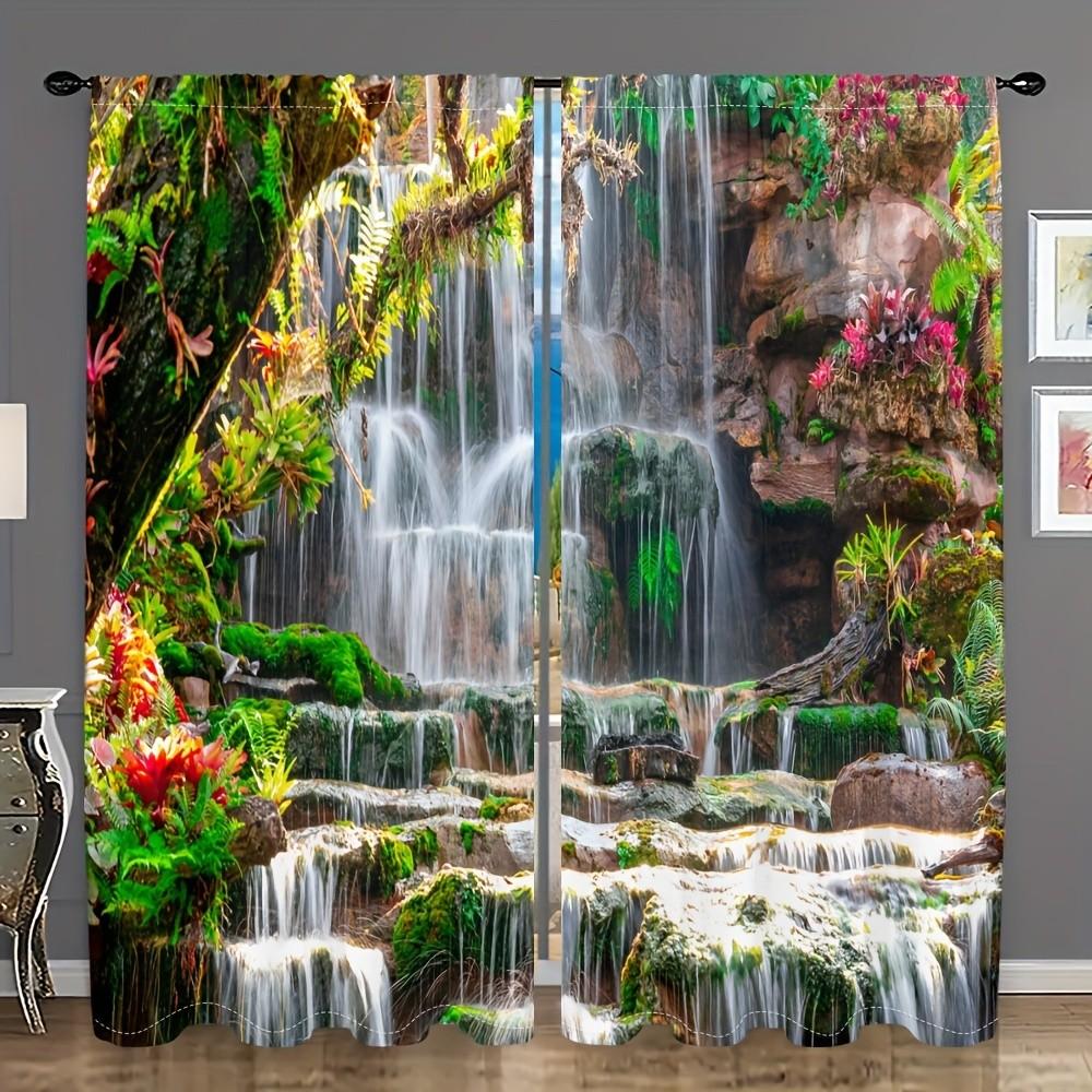 Set Of 2 Vibrant Waterfall Nature Print Curtains Privacy Polyester Living Room Bedroom Tropical Home Decor Curtain With Light Blocking Perfect For
